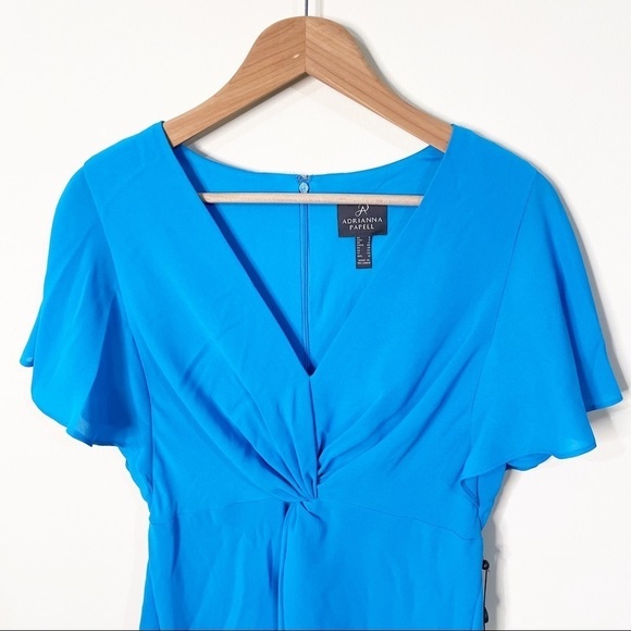 Adrianna Papell Electric Blue Twist Front Gauzy Crepe Knee Length Dress 8 US NWT - Picture 3 of 9